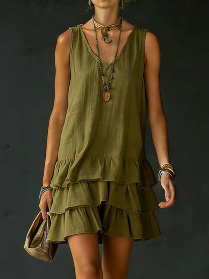 Loose Sleeveless Layered Solid Color V-Neck Mini Dresses