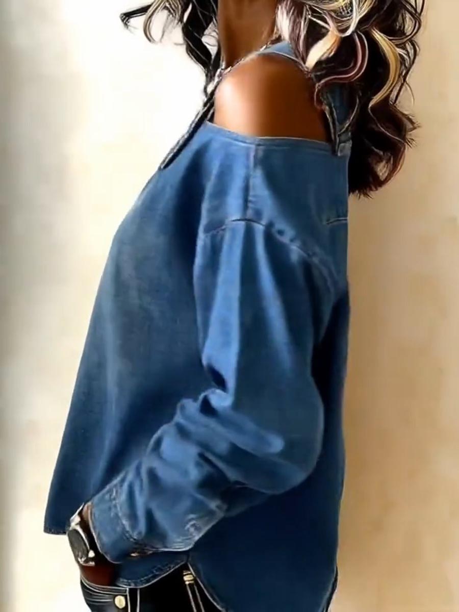 Long Sleeves Loose Buckle Split-Joint Cold Shoulder Blouses&Shirts Tops