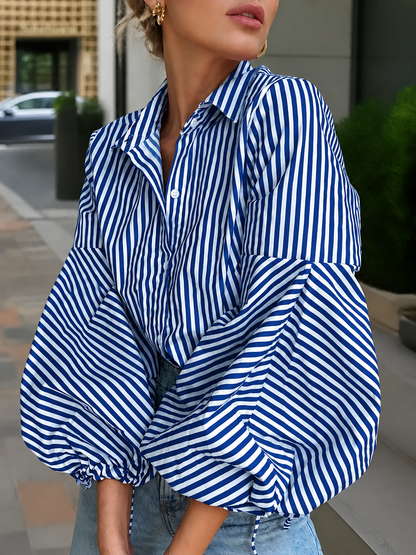 Striped Split-Joint Drawstring Buttoned Puff Sleeves Loose Lapel Blouses&shirts Tops