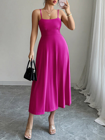 A-Line High Waisted Backless Pleated Solid Color Spaghetti-Neck Midi Dresses