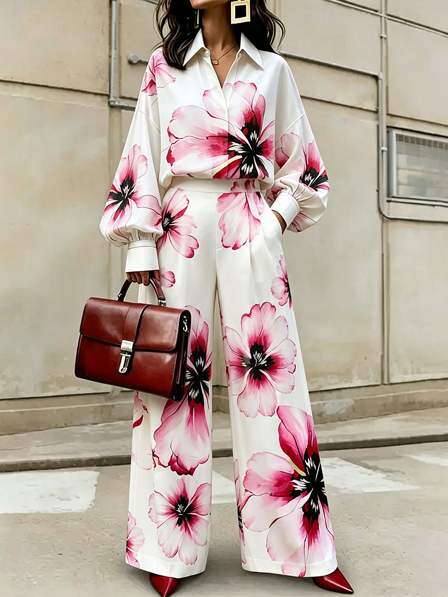 Pockets Flower Print Elasticity Wide Leg High Waisted Trousers Pants