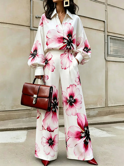 Pleated Flower Print Contrast Color Buttoned Puff Sleeves Loose Lapel Blouses&shirts Tops