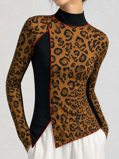 Split-front Split-Joint Leopard Contrast Color Skinny Long Sleeves Mock Neck T-Shirts Tops