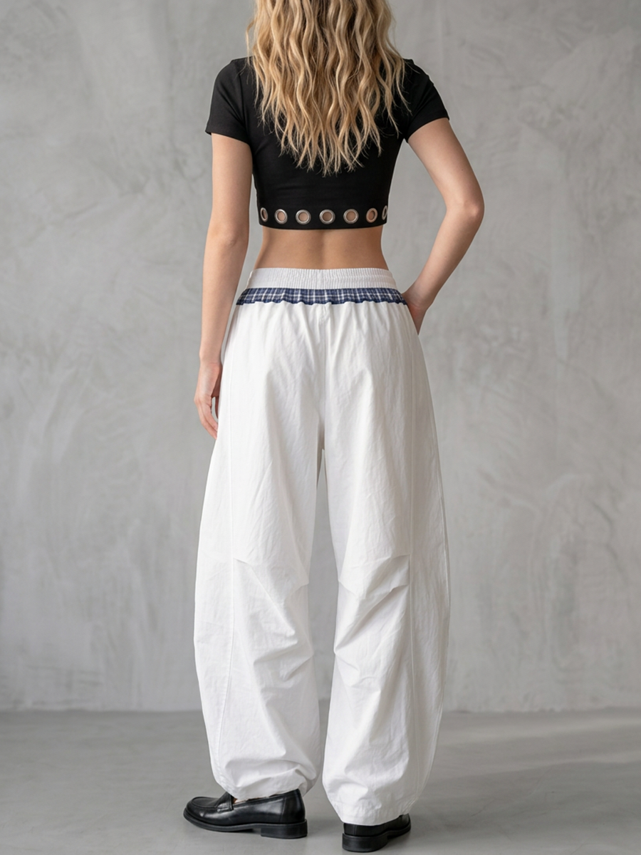 High Waisted Loose Contrast Color Drawstring Pockets Split-Joint Pants Trousers