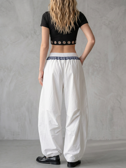 High Waisted Loose Contrast Color Drawstring Pockets Split-Joint Pants Trousers