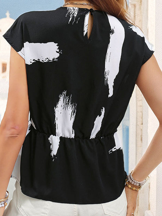 Loose Short Sleeves Contrast Color Printed Split-Joint Round-neck T-Shirts Tops