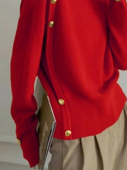 Long Sleeves Loose Beaded Solid Color Split-Side High Neck Sweater Tops