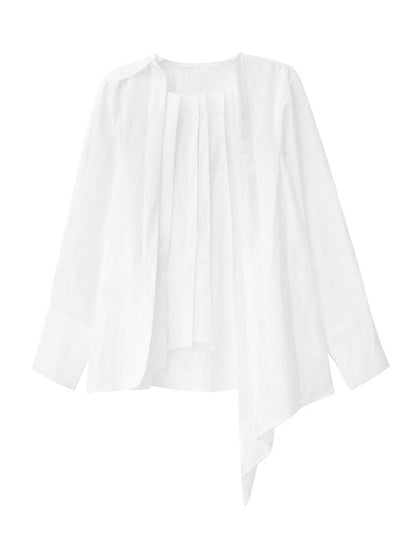 Hipster Irregularity Asymmetric Pleated Solid Color Round-Neck Blouses&Shirts Tops