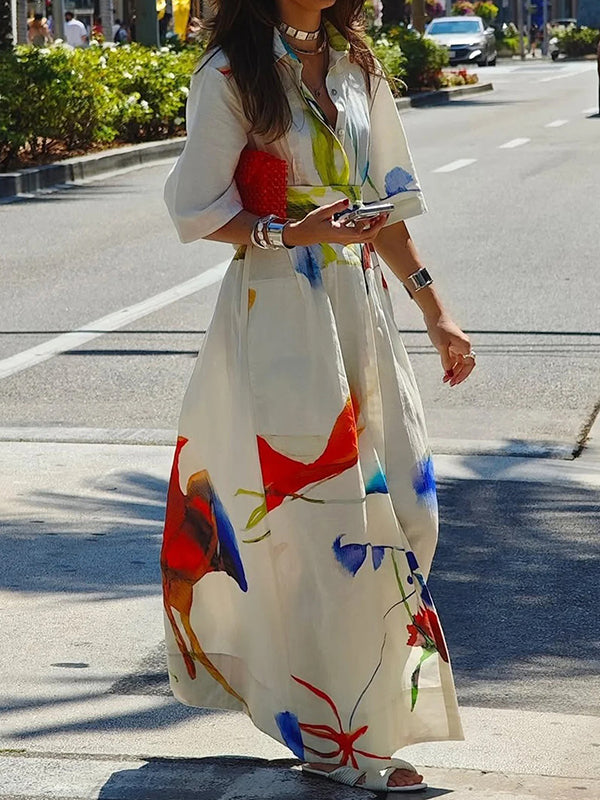 Robe chemise longue ample asymétrique à manches mi-longues, imprimée, fendue, nouée à la taille, à revers 