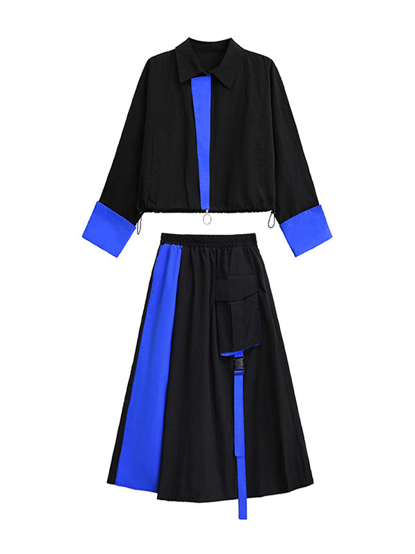 Asymmetric Contrast Color Split-Joint Lapel Blouses&Shirts Tops + A-Line Elasticated Waist Pockets Streamer Skirts Bottoms Two Pieces Set