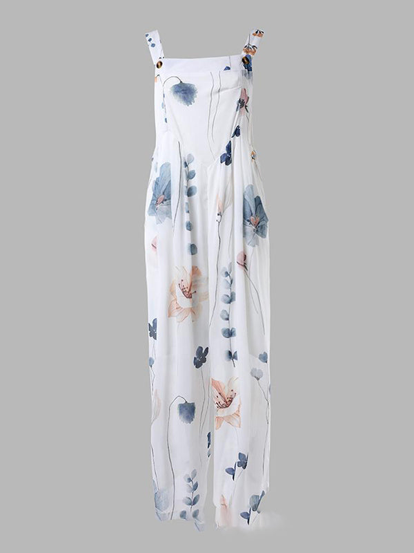Loose Sleeveless Buttoned Flower Print Pleated Pockets Split-Joint Square-Neck Jumpsuits
