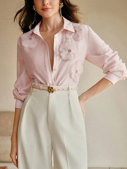 Long Sleeves Applique Split-Joint Lapel Blouses&Shirts Tops