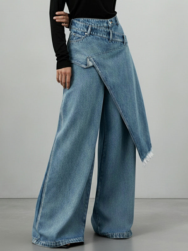 High Waisted Irregularity Asymmetric Buttoned Fringed Interlace Layered Pockets Solid Color Jean Pants Bottoms