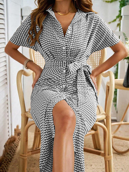 Bodycon Half Sleeves Buttoned Contrast Color Tied Waist Lapel Midi Dresses