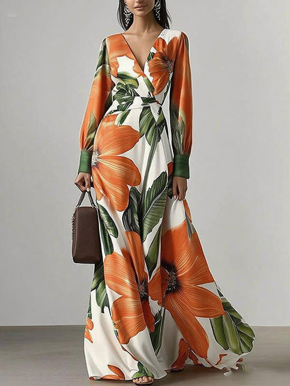 Long Sleeves Loose Flower Print Pleated V-Neck Maxi Dresses