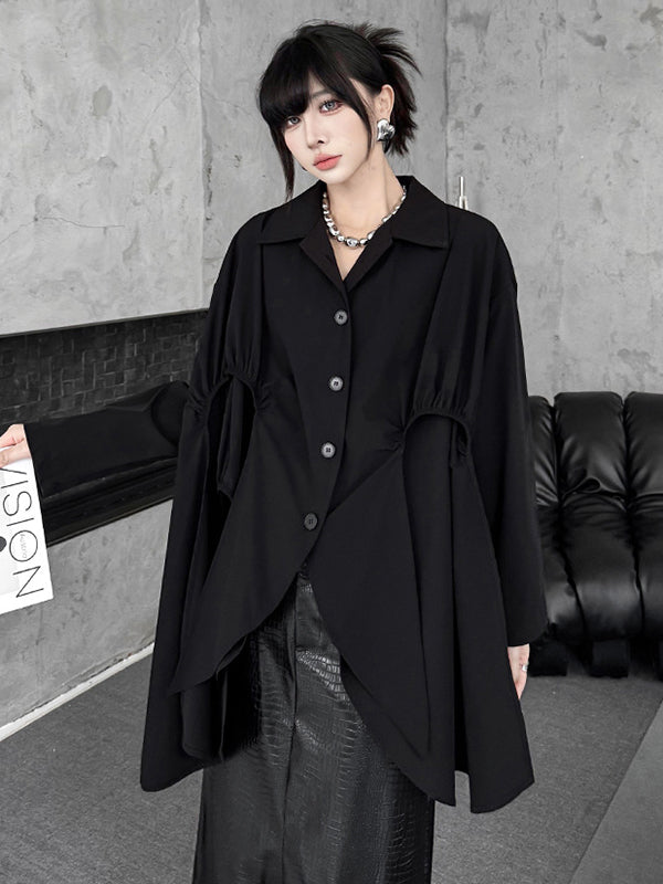 High-Low Irregularity Buttoned Pleated Solid Color Split-Joint Shirt Collar Blouses&Shirts Tops