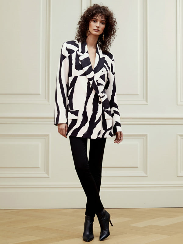 Long Sleeves Loose Buttoned Contrast Color Zebra-Stripe Lapel Collar Blazer Outerwear