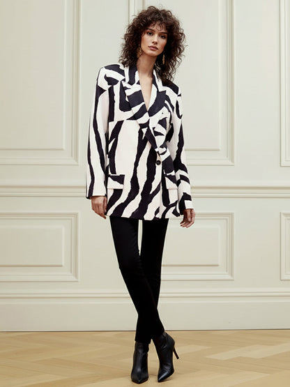 Long Sleeves Loose Buttoned Contrast Color Zebra-Stripe Lapel Collar Blazer Outerwear