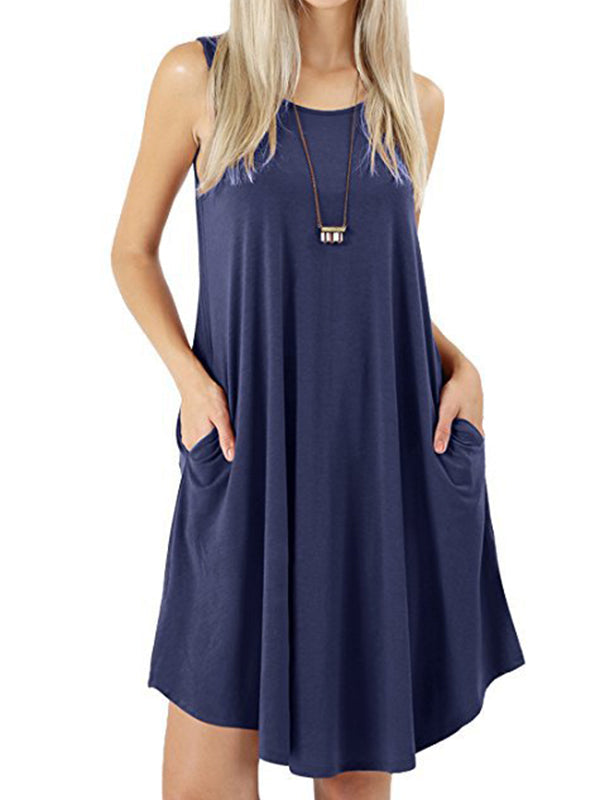 Loose Pockets Sleeveless Solid Color Spaghetti-Neck Mini Dresses