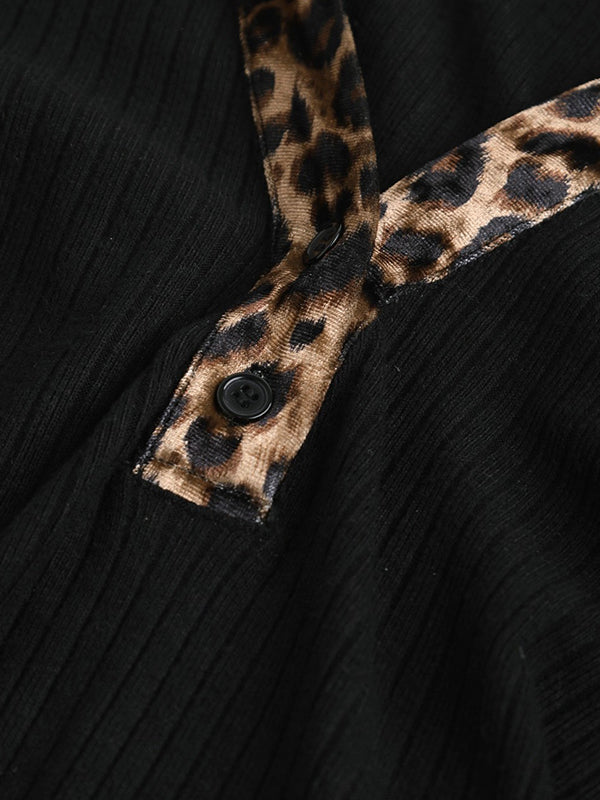 Long Sleeves Skinny Comfort Contrast Color Leopard V-Neck T-Shirts