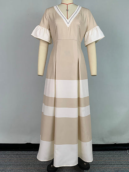 A-Line Flared Sleeves Contrast Color Pleated V-Neck Maxi Dresses
