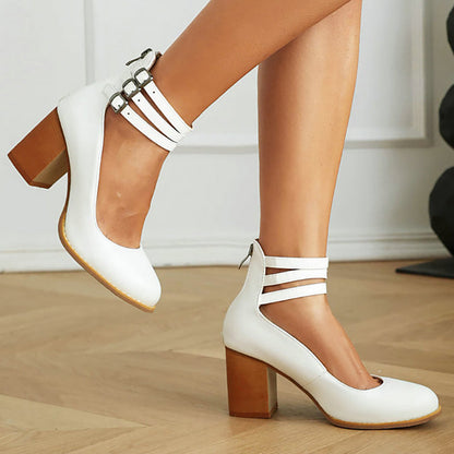 Casilda™ | Smooth Sandals with Ankle Strap and Thick Heel