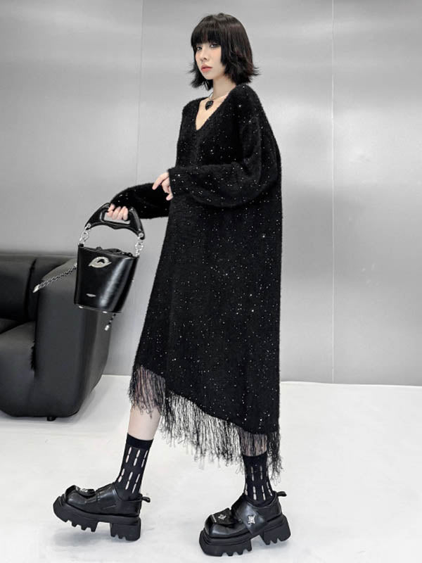 Irregularity Long Sleeves Contrast Color Sequined Shiny Split-Joint Tasseled V-Neck Midi Dresses Sweater Dresses