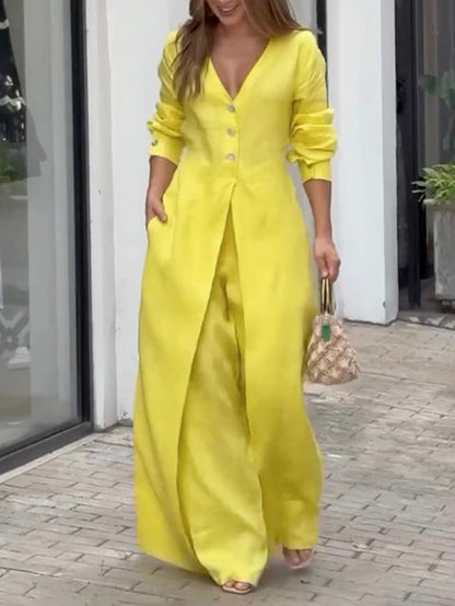 High Waisted Long Sleeves Buttoned Pockets Solid Color V-Neck Jumpsuits