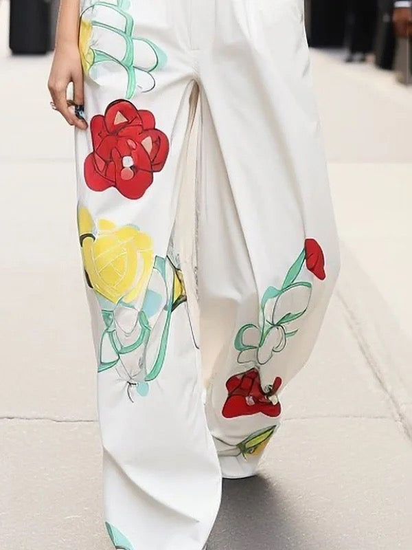 High Waisted Wide Leg Flower Print Pleated Pockets Pants Trousers