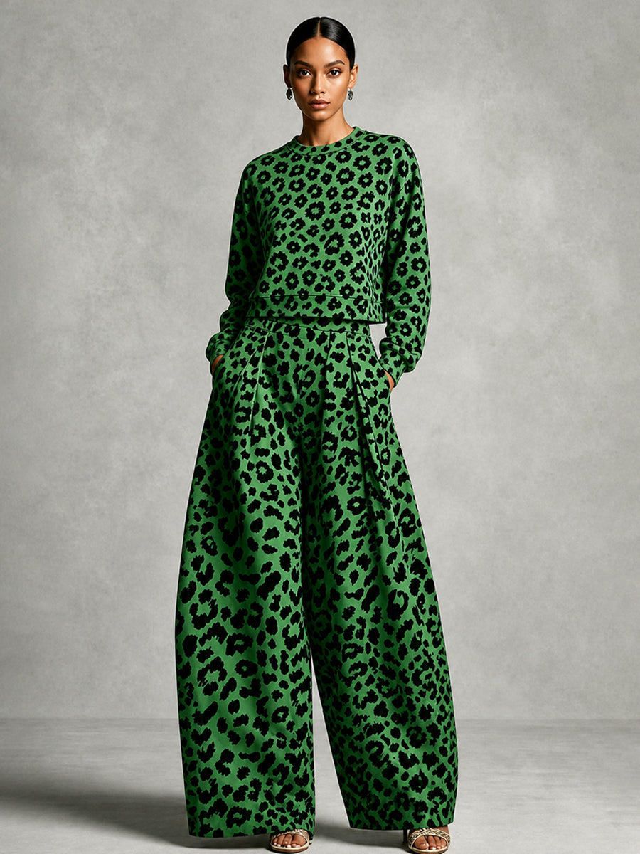 Pockets Pleated Leopard Wide Leg High Waisted Trousers Pants