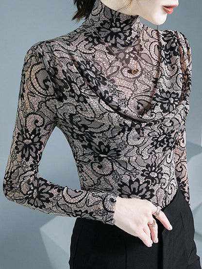 Long Sleeves Flower Print Pleated Mock Neck T-Shirts Tops