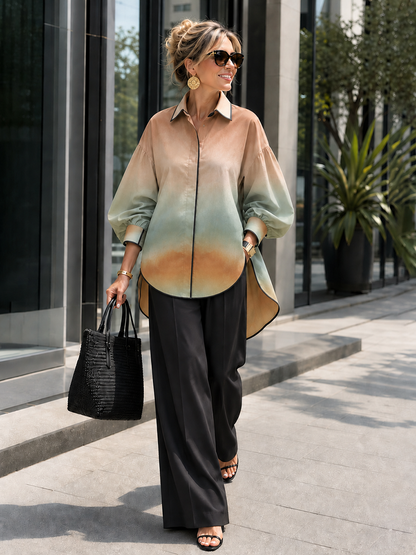 Gradient Contrast Color Colorful Buttoned Puff Sleeves Long Sleeves Lapel Blouses&shirts Tops