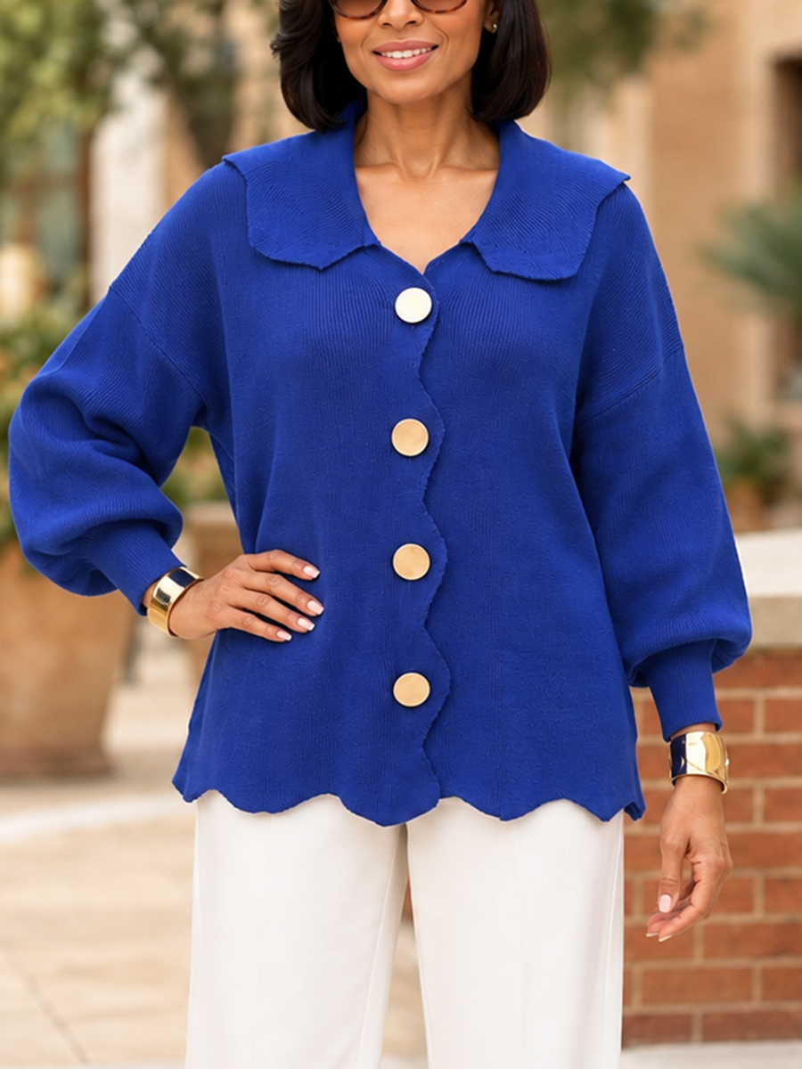 Solid Color Ribbed Knit Buttoned Asymmetric Plus Size Loose Lapel Cardigan Tops