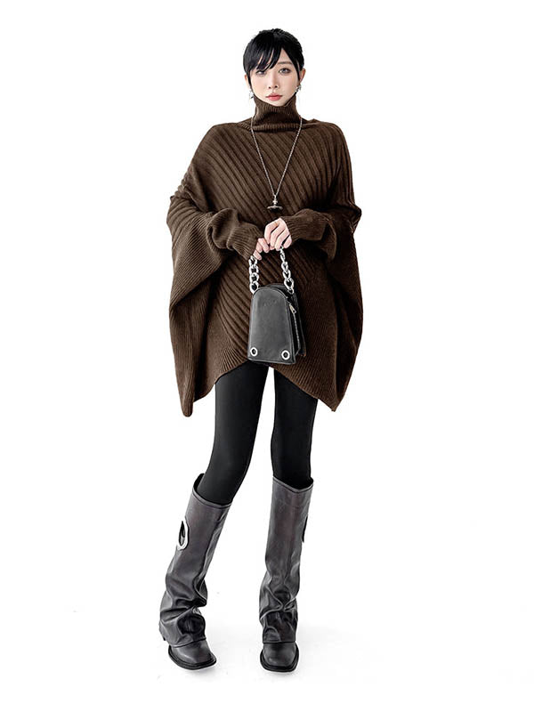 Batwing Sleeves Irregularity Asymmetric Ribbed Knit Solid Color Split-Joint High Neck Sweater Tops