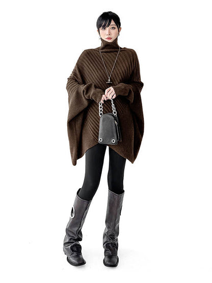 Batwing Sleeves Irregularity Asymmetric Ribbed Knit Solid Color Split-Joint High Neck Sweater Tops