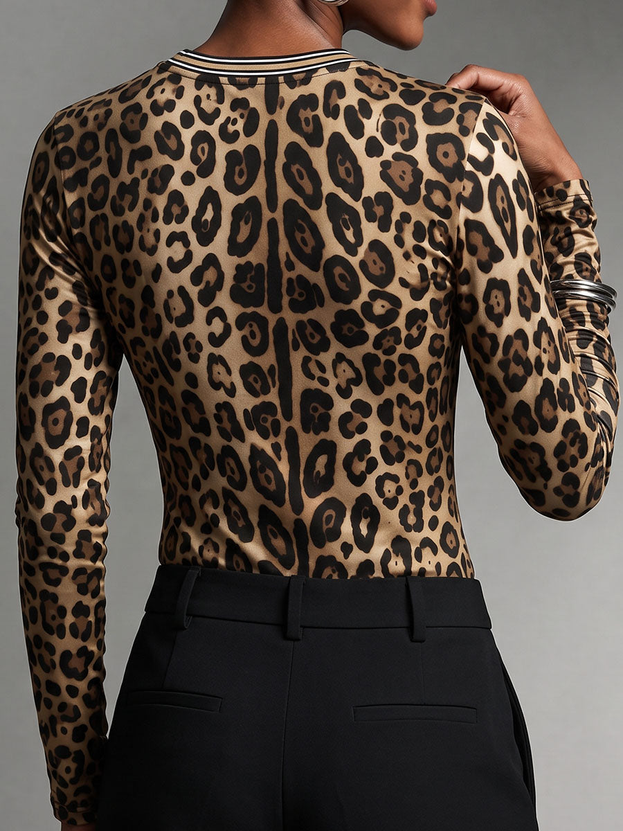 Leopard Skinny Long Sleeves Round-neck T-Shirts Tops