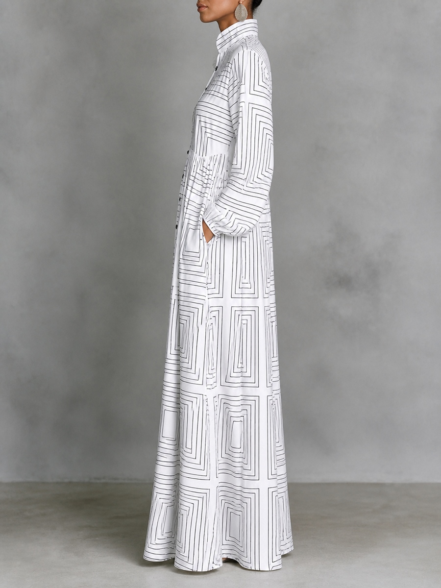 Striped Split-Joint Pockets Pleated Contrast Color Buttoned Plus Size Loose Stand Collar Maxi Dresses
