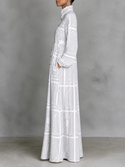 Striped Split-Joint Pockets Pleated Contrast Color Buttoned Plus Size Loose Stand Collar Maxi Dresses