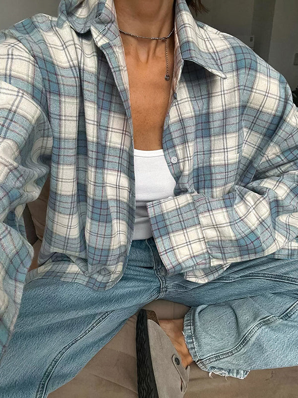 Chemisiers et chemises à manches longues, amples, boutonnés, à carreaux, avec poches et revers, hauts d'extérieur 