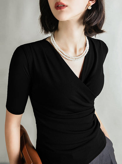 Half Sleeves Skinny Pleated Solid Color V-Neck T-Shirts Tops