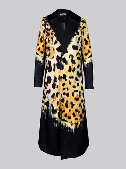 Long Sleeves Loose Leopard Split-Joint Lapel Woolen Coat