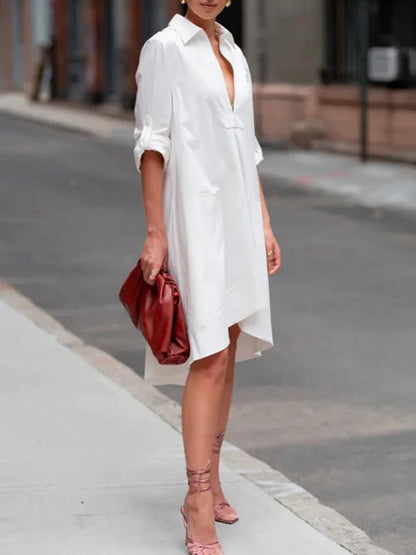 High-Low Long Sleeves Solid Color Lapel Midi Dresses Shirt Dress