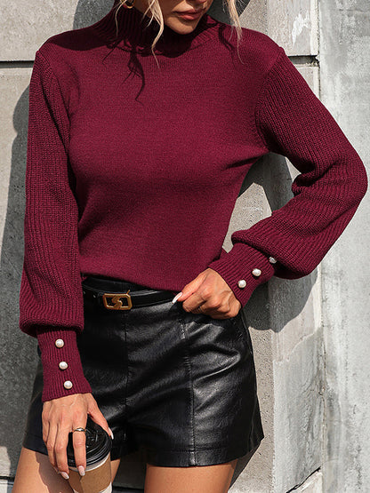 Lange Ärmel, lockere, perlenbesetzte Pullover mit geteiltem Kragen und hohem Kragen 