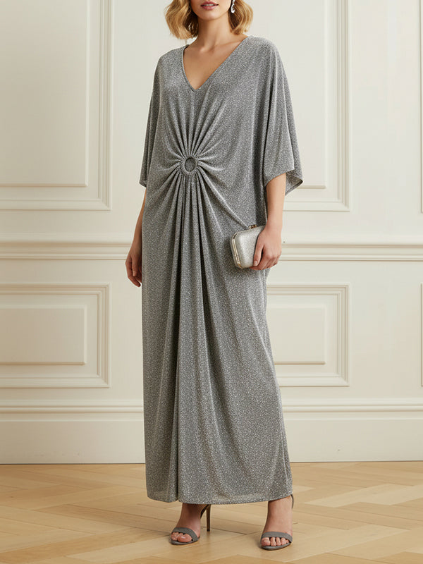 Half Sleeves Loose Pleated Rhinestone Shiny Deep V-Neck Maxi Dresses