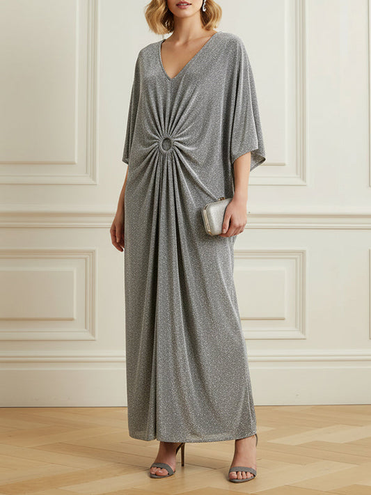 Half Sleeves Loose Pleated Rhinestone Shiny Deep V-Neck Maxi Dresses