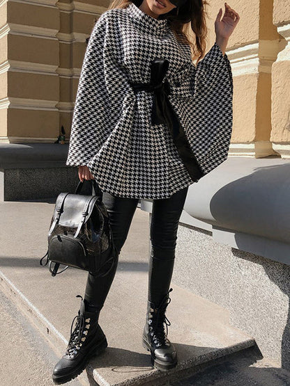Batwing Sleeves Long Sleeves Houndstooth Tied Waist Stand Collar Cape Outerwear