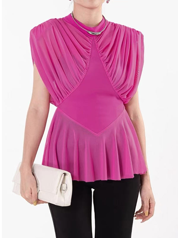 Loose Sleeveless Pleated Solid Color Round-neck Blouses&shirts Tops