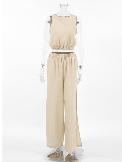 Loose Elasticity Solid Color Split-Joint Round-Neck Vest + High Waisted Split-Side Pants Two Pieces Set