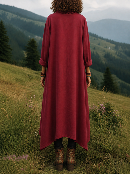 Split-Joint Solid Color Ruffled Loose Long Sleeves V-neck Midi Dresses