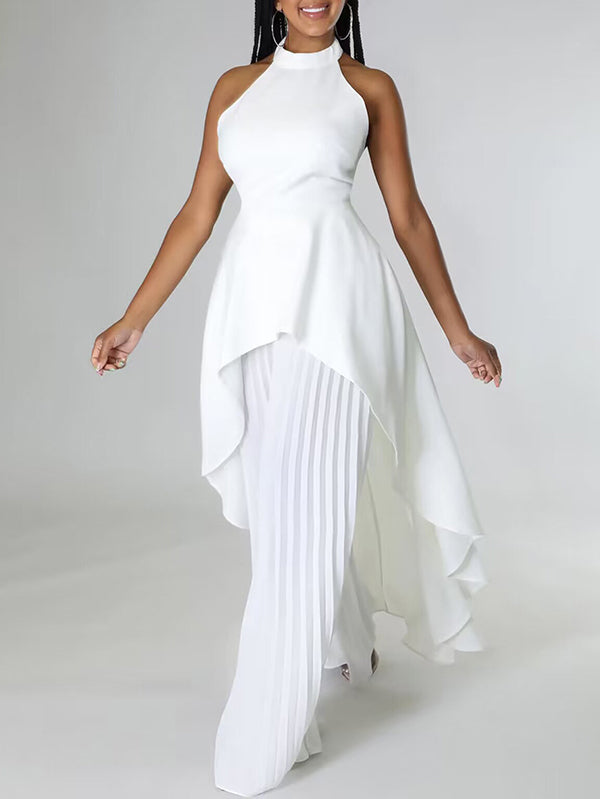 Ensemble deux pièces haut court et pantalon taille haute en dentelle à dos nu et col licou 